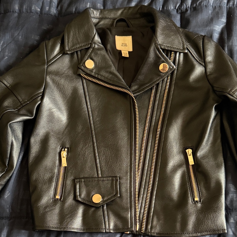 River Island Black Faux Leather Moto Jacket Size 2-3 Yrs